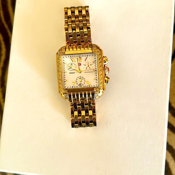 Michele Urban watch, 18 karat gold plated, pave diamond